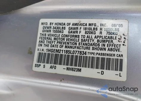 2005 Honda Civic Vp from USA, damaged, VIN 1HGEM21185L077834